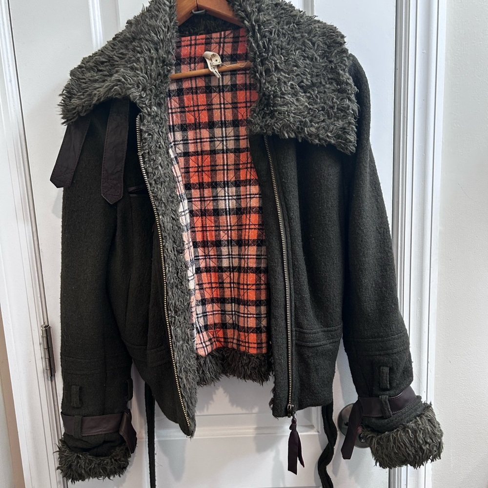Free People Bomber Jacket in Olive and Plaid